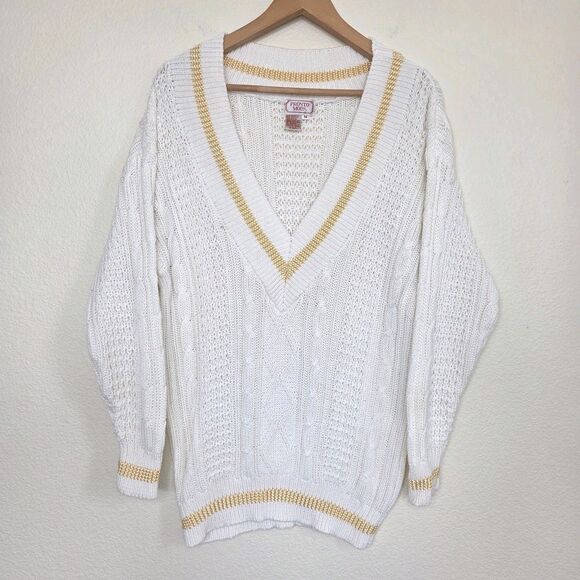 Vintage Pronto Moda V-neck Preppy Cableknit  Sweater Med Cream Gold Trim Tennis - Picture 1 of 8
